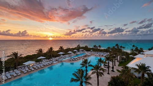 Luxury all-inclusive resorts at sunset with tropical pools, palm trees, and romantic cabanas. Perfect vacation escape for couples and families seeking relaxation and paradise.