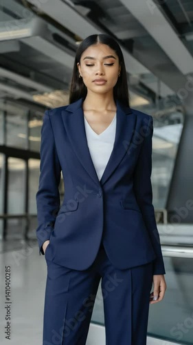 Wallpaper Mural Elegant woman stands wearing a tailored navy blue suit in a modern lobby with geometric architectural details and reflective floors Torontodigital.ca