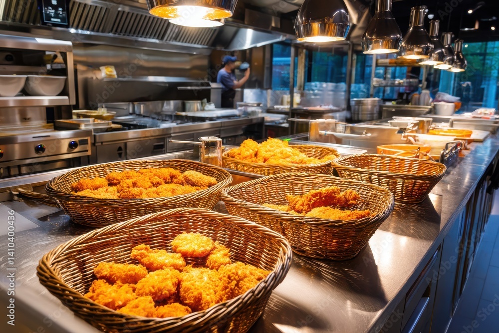 Obraz premium Crispy Fried Dishes in Baskets in Modern Restaurant Kitchen Setting