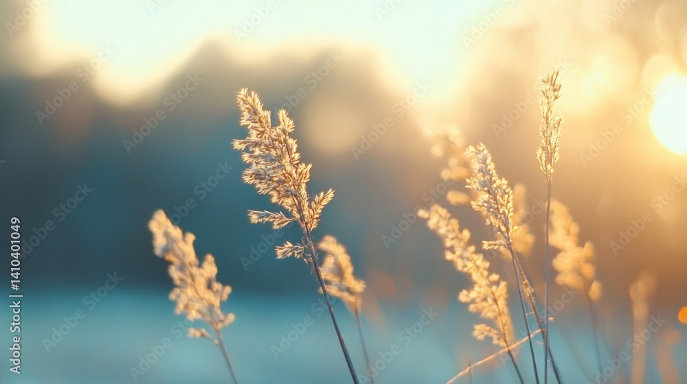 a close up of some grass near a body of water with the sun in the background
