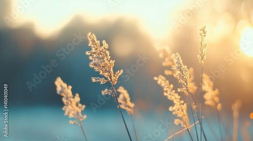 Obraz na płótnie a close up of some grass near a body of water with the sun in the background w salonie