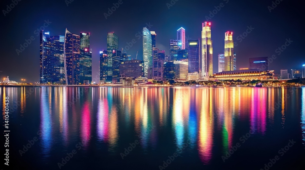 Fototapeta premium A Stunning City Skyline Reflected in Water at Night