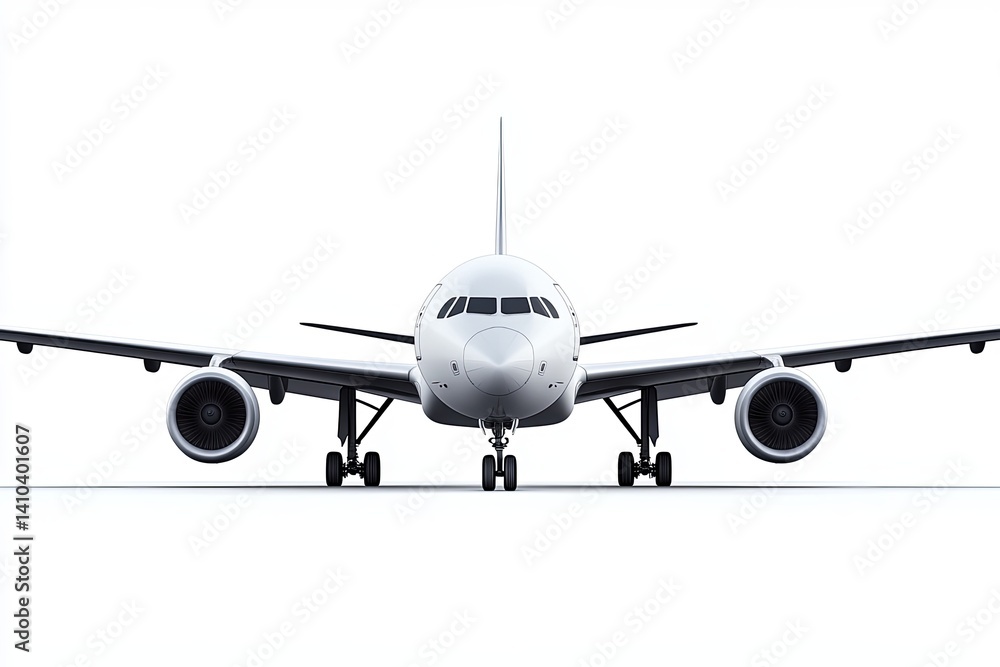Obraz premium Aircraft front view. White passenger jet with two engines. Clean, minimalist shot