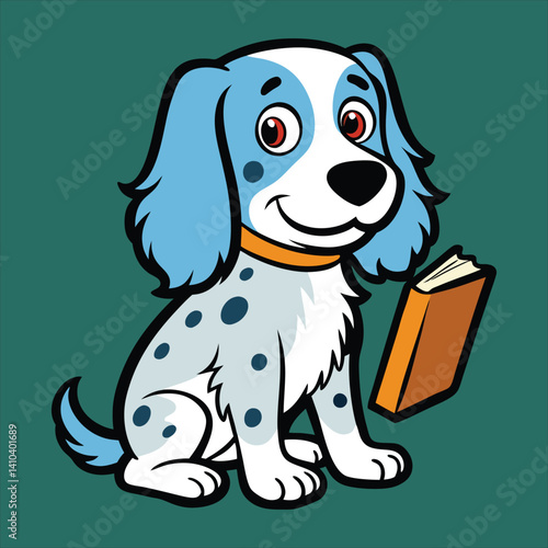Cute  English Setter   with Book Cartoon