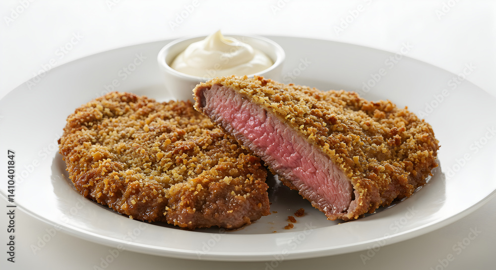 Delicious Crispy Breaded Steak With Creamy Sauce Served On A White Plate Delicious Crispy Breaded Steak With Creamy Sauce Served On A White Plate