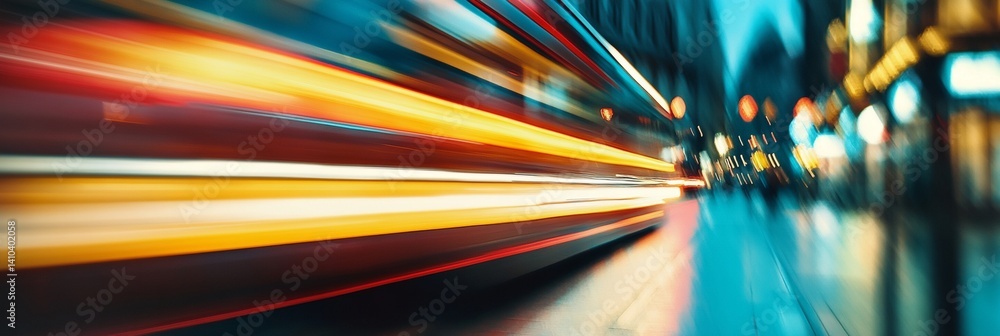 A blurry image of a city street with a yellow and red bus