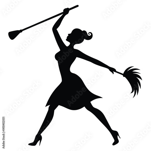 a clean black silhouette vector illustration of a woman dancing while holding a mop.  
