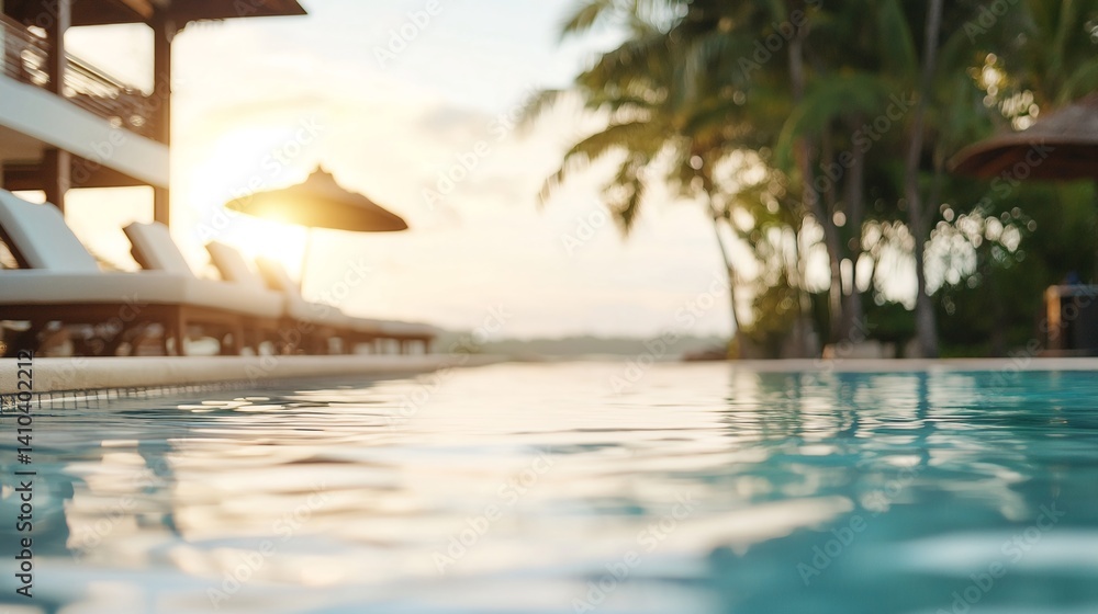 A pool with a view of the sunset and palm trees