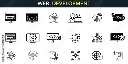 Web Development icon set. Containing online, computer, network, website, server, web design, hardware, software, and programming. Solid icons vector collection.
