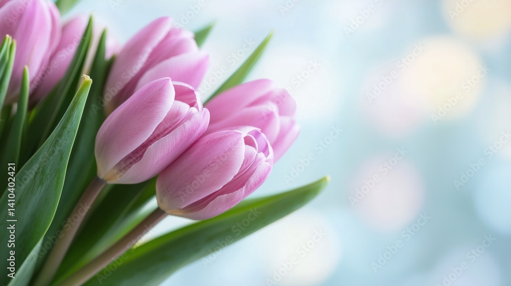 a bouquet of pink tulips with green leaves on a blue background