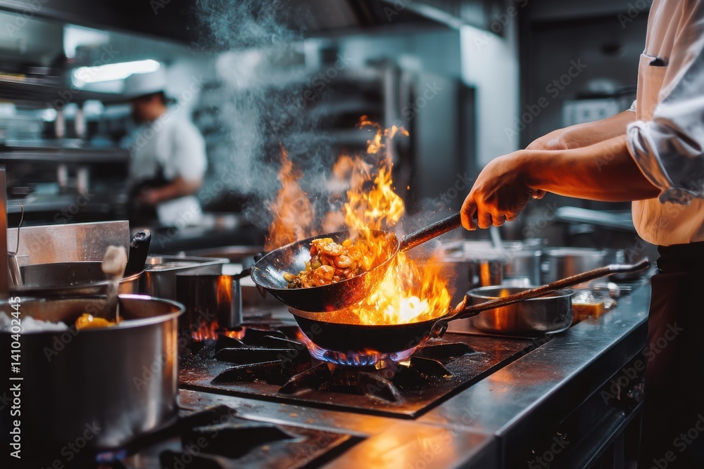 High-Energy Cooking Scene in a Professional Kitchen Environment High-Energy Cooking Scene in a Professional Kitchen Environment