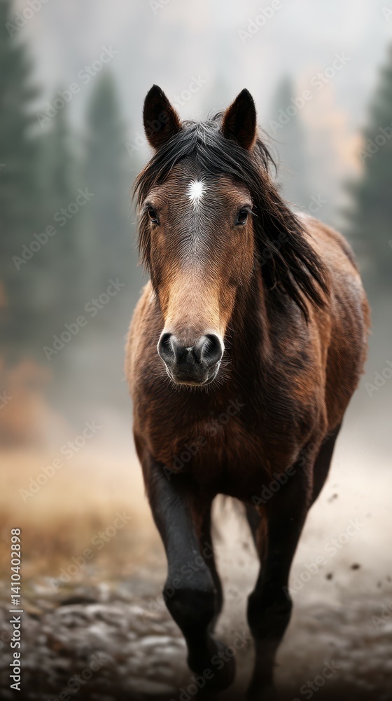Wild horse running through misty forest in autumn landscape, showcasing nature's beauty and freedom Wild horse running through misty forest in autumn landscape, showcasing nature's beauty and freedom