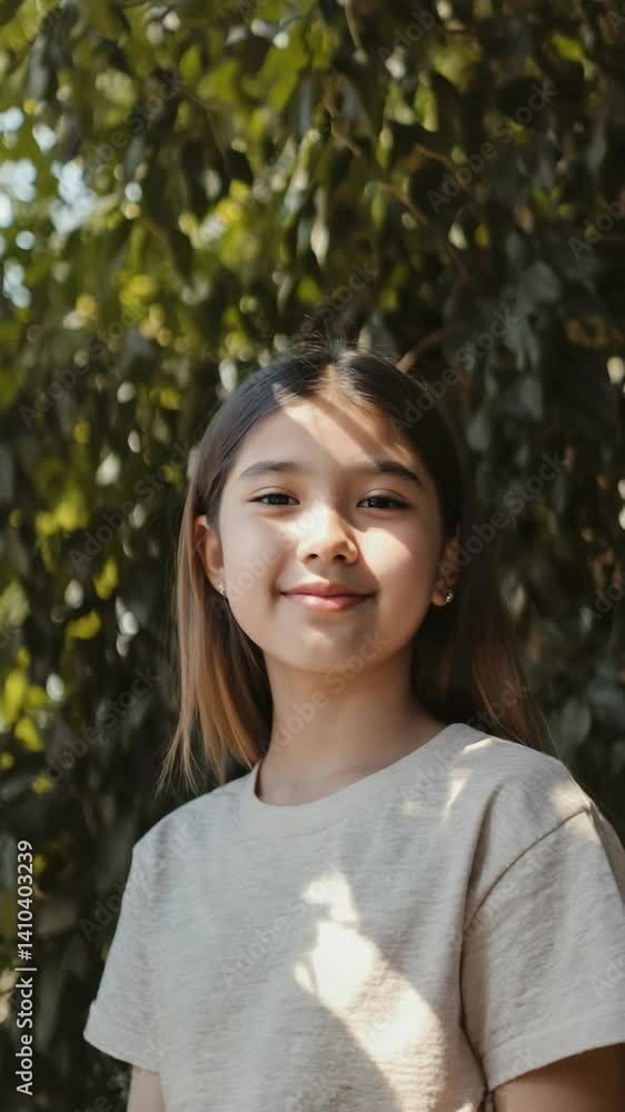 Portrait of a smiling preteen girl in a park, basking in the sunlight streaming through lush foliage Portrait of a smiling preteen girl in a park, basking in the sunlight streaming through lush foliage