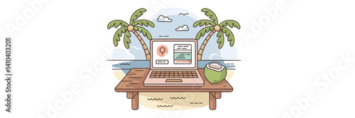 Freelancing and remote work vector icons with beach and laptop