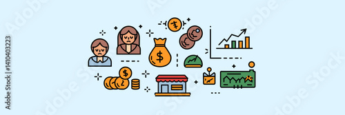 Circular icon set of economic recession symbols – Suitable for economic research, crisis counseling material, or infographic use.