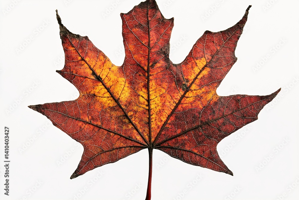 Obraz premium Vibrant maple leaf. Autumnal reds & oranges, veins visible, set on white. Detail is distinct & texture is visible