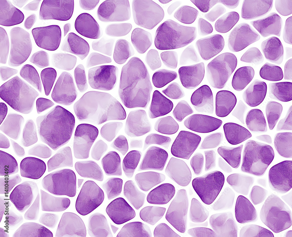 Abstract watercolor pattern featuring rounded irregularly shaped purple pieces against a white background.