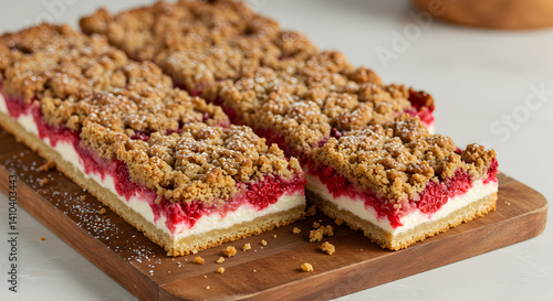 Delicious Raspberry Crumble Bars With Cream Cheese Filling On Wooden Platter