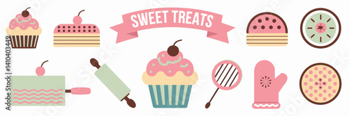 Flat illustration of baking and pastry icons with sweet treats banner
