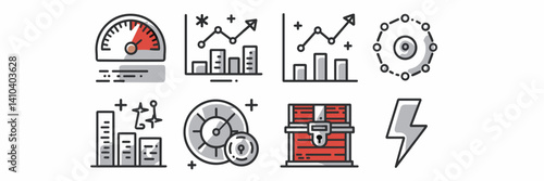 Icon set of fluctuating risk and market volatility symbols