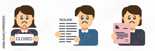 Flat icon set of sad workers with closed sign, resume, and pink slip – Great for unemployment articles, career crisis content, or economic downturn visuals.