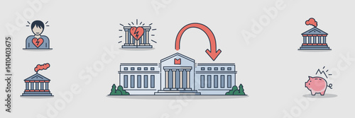 Illustration of central bank raising interest rates with stress and inflation icons – Suitable for finance blogs, economic editorial use, or crisis illustrations.