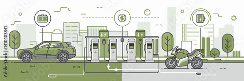 Electric vehicle and motorcycle charging at urban EV station – Ideal for green transportation apps, eco-friendly campaigns, or sustainability education