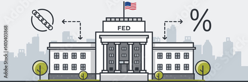 Central bank vector with “Fed” sign, broken chain, and percentage symbol – Great for economic commentary, finance education, or monetary policy explainer.