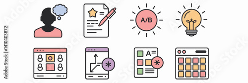 UX research and wireframing flat icons – Suitable for UI/UX presentations, product design tutorials, or agile development materials