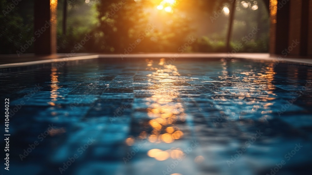 Serene poolside view at sunset, reflecting warm light amidst lush greenery Serene poolside view at sunset, reflecting warm light amidst lush greenery