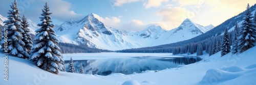 Wallpaper Mural Snowy mountain landscape with frozen lake and pine trees, snowy, pine trees Torontodigital.ca