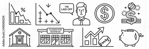 Economic recession icon set with business closure elements – Ideal for job loss statistics, economic decline reports, or financial blogs.
