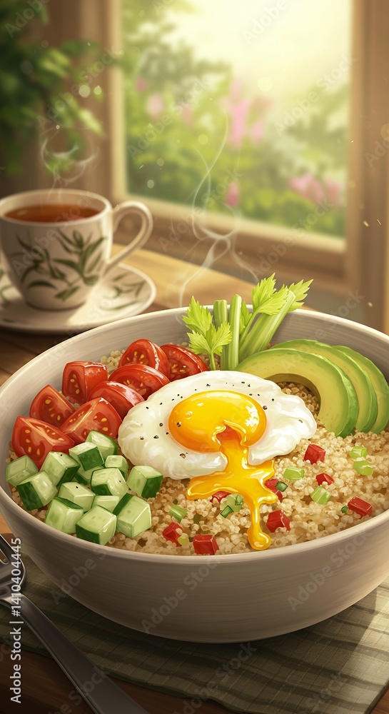 Healthy Quinoa Bowl with Fried Egg and Avocado Morning Meal Healthy Quinoa Bowl with Fried Egg and Avocado Morning Meal