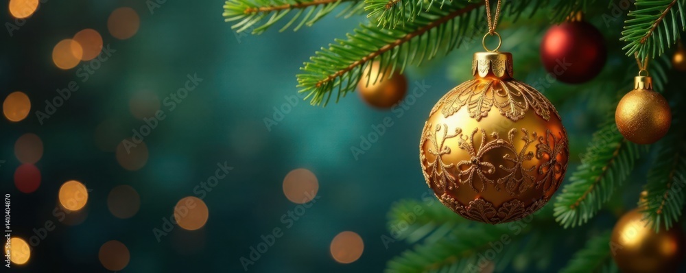 Obraz premium Gold ornaments with Christmas elements hanging on a tree branch, ornaments, Christmas tree
