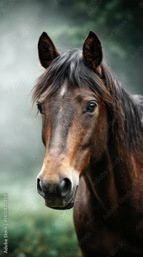 Majestic brown horse gazes calmly in misty forest during early morning hours Majestic brown horse gazes calmly in misty forest during early morning hours
