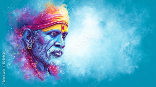 Side-Profile Digital Illustration of Sai Baba of Shirdi With Colorful Aura on Blue Background, Symbolizing Wisdom, Peace, and Devotion