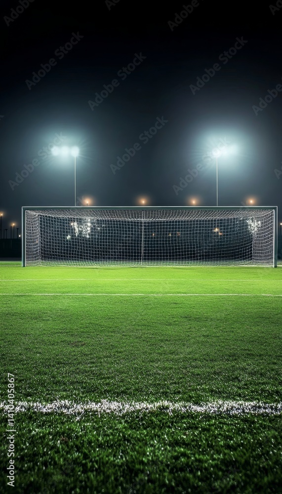 Fototapeta premium Realistic image of a goal net on a lush green field with illuminating lights in the background