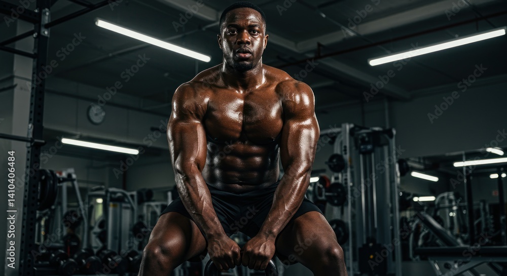 Muscular man lifting kettlebell in gym setting showing strength and fitness. Muscular man lifting kettlebell in gym setting showing strength and fitness.