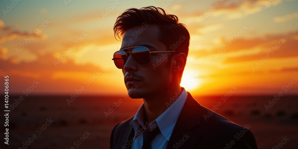 Fototapeta premium A stylish man wearing dark sunglasses and a crisp tie stands confidently on a sandy beach, with gentle waves lapping at his feet and a vibrant sunset painting the sky behind him.