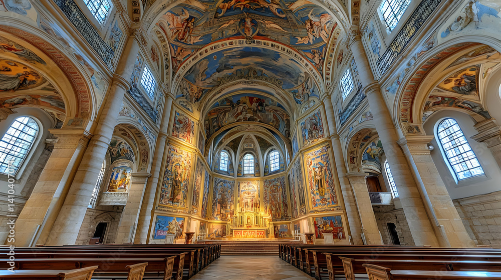 Obraz premium Grand Painted Church Interior With High Vaulted Ceiling