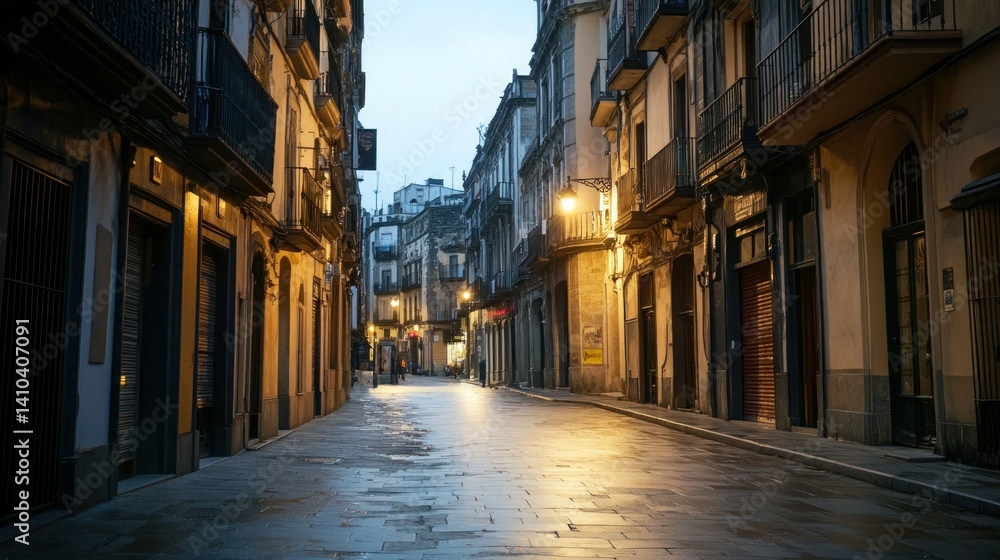 An illuminated cobblestone street stretches between old buildings at dusk An illuminated cobblestone street stretches between old buildings at dusk