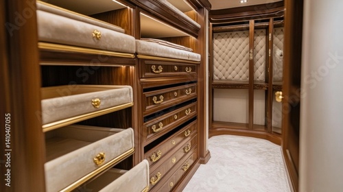 Luxury open closet with suede-lined drawers and gold racks  