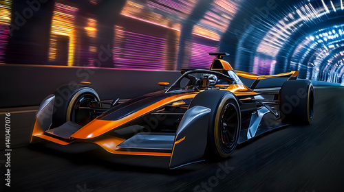 High-Speed Race Car in Motion Through an Illuminated Tunnel