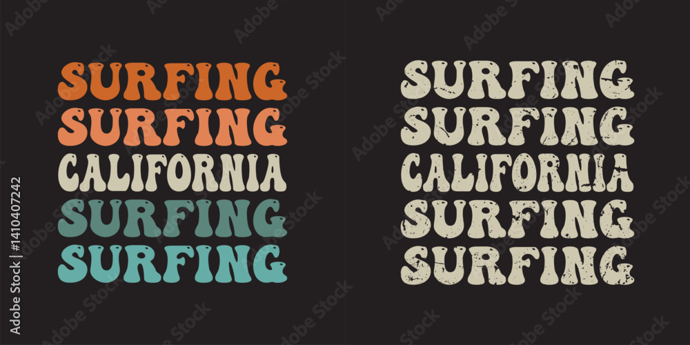 Surfing Groovy text effect California summer, stylish t-shirts and trendy clothing designs with lettering, and printable, vector illustration designs