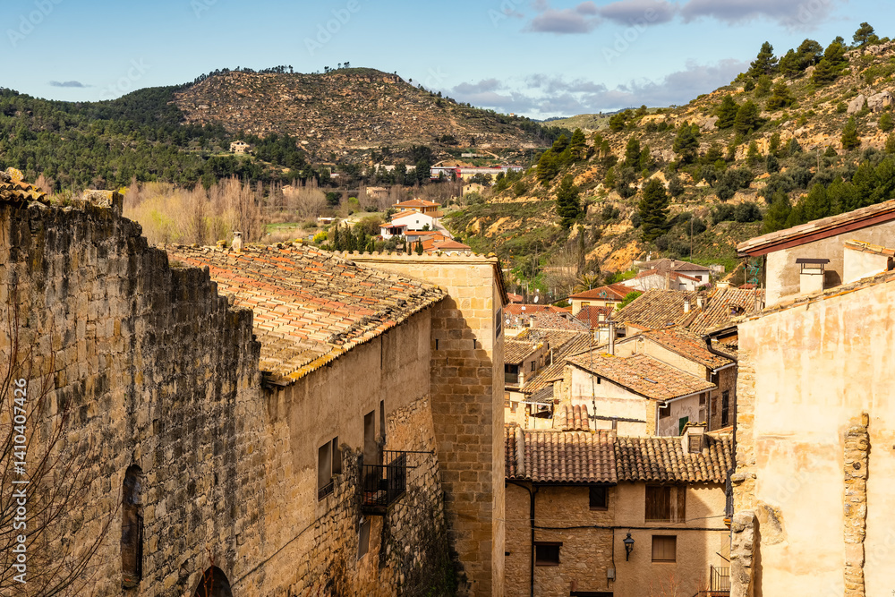 Old houses in the medieval village next to the mountains called Valderrobres, Teruel.