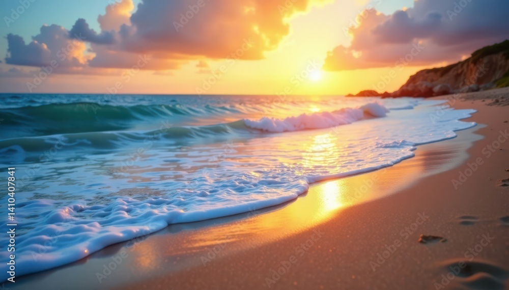 Obraz premium Soft blue ocean waves gently caress the shore of a serene sandy beach at sunset, wave, ocean