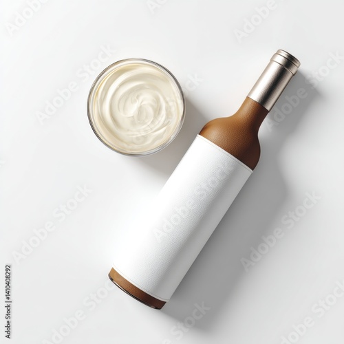 Creamy Swirl and Blank Wine Bottle Mockup on White Background