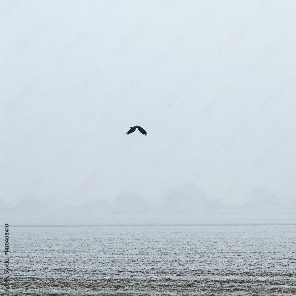 Fototapeta premium A Single Crow Flies Over Frosted Farmland Under Pale Sky