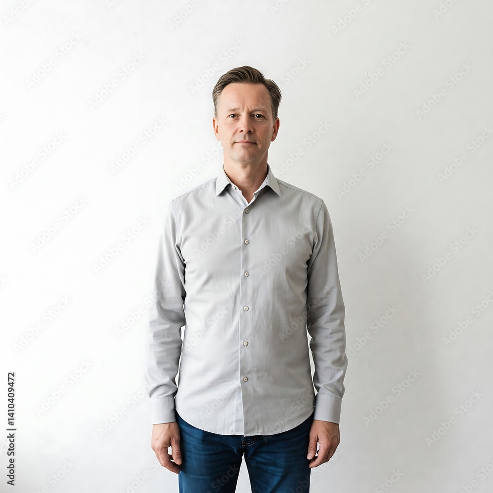 Fototapeta premium Confident Middle-Aged Man in Grey Shirt Standing
