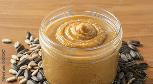 Homemade Sunflower Butter In Jar With Seeds On Wooden Surface Close Up